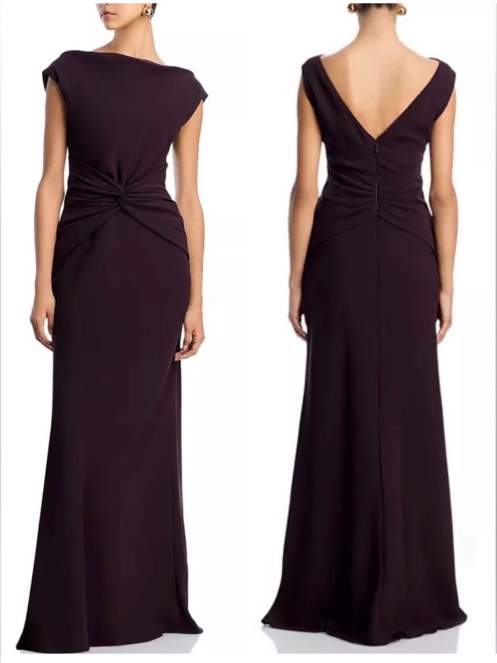 Amsale crepe Raisin Twist front gown
